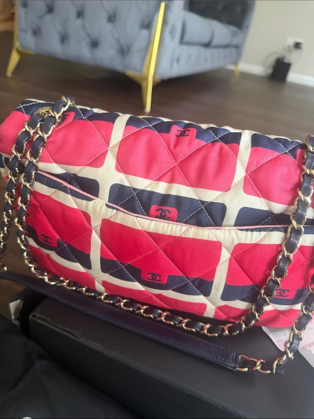 CHANEL Pink Quilted Shoulder Bag with Navy and Cream Grid